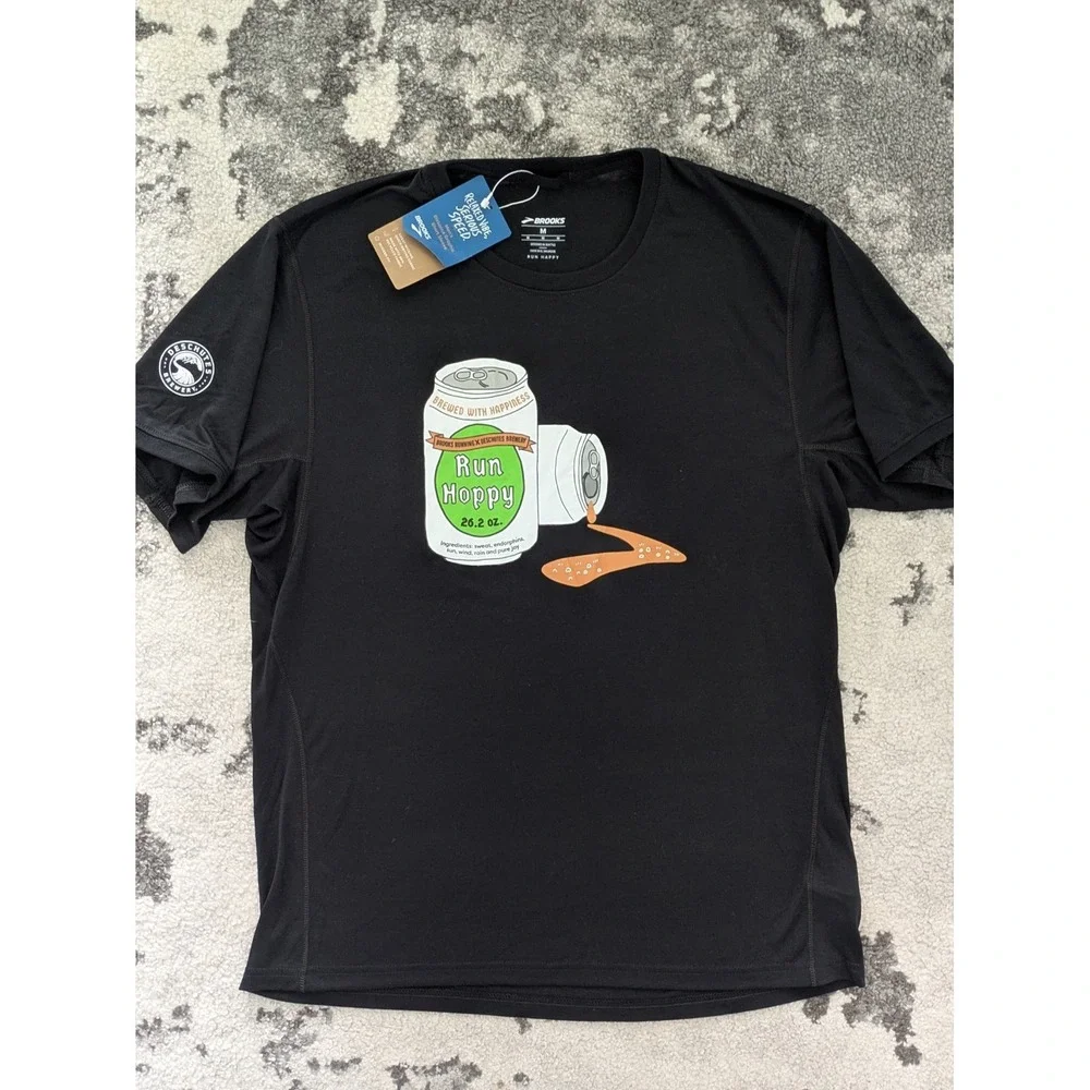 Brooks Distance‎ Graphic Tee Shirt Black Run Hoppy Beer Can Deschutes Brewery M - Picture 2 of 7